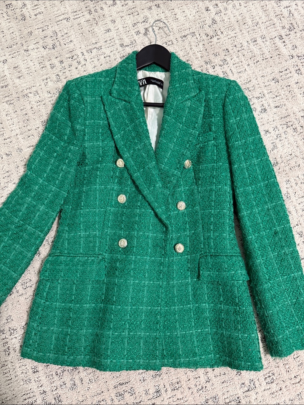 Zara Emerald Green Tweed Double-Breasted Blazer
